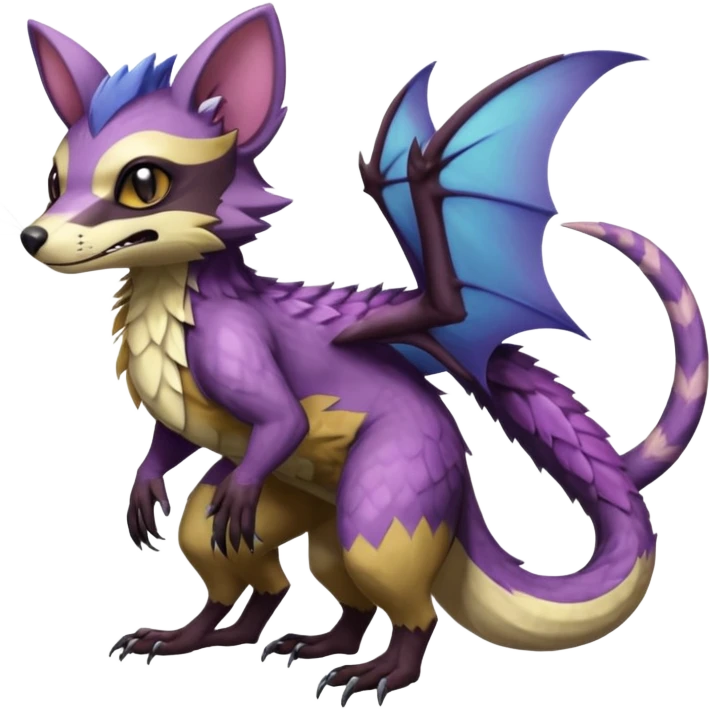 Realistic scaly swampy elemental detailed Colorful Trico-Noibat-batty-Sergal-Furret-Ferret-Wolverine-Vernid-furry-fursona-fusion-Fakemon-animal-hybrid-creature, full body emoji