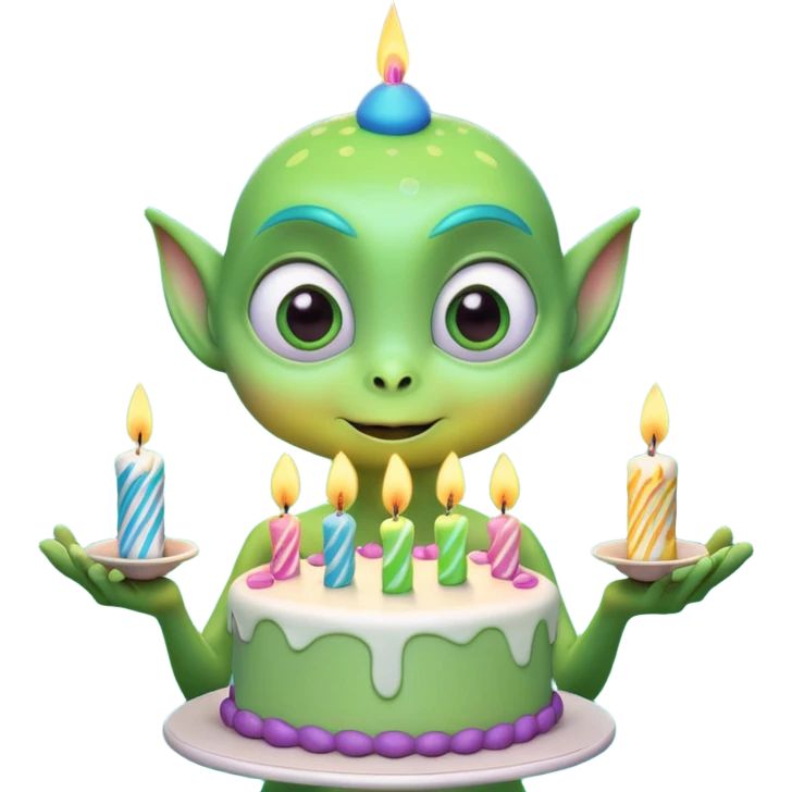 A cute friendly alien holding a birthday cake with candles, big expressive eyes, bright colors, cartoon style, playful atmosphere, 3D animated look, Pixar-inspired, highly detailed
 emoji