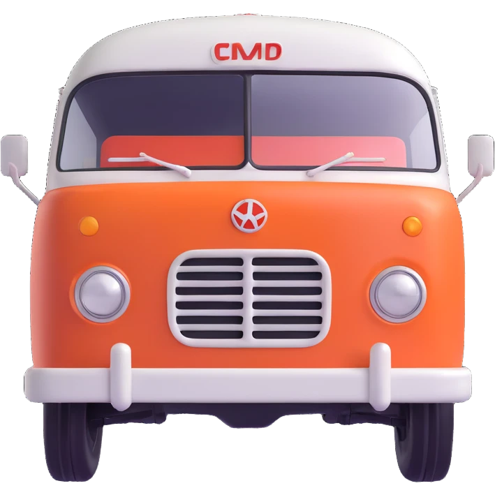 3D emoji style bus inspired by the reference image, retro Soviet bus, front view, rounded and simplified, cheerful expression emoji