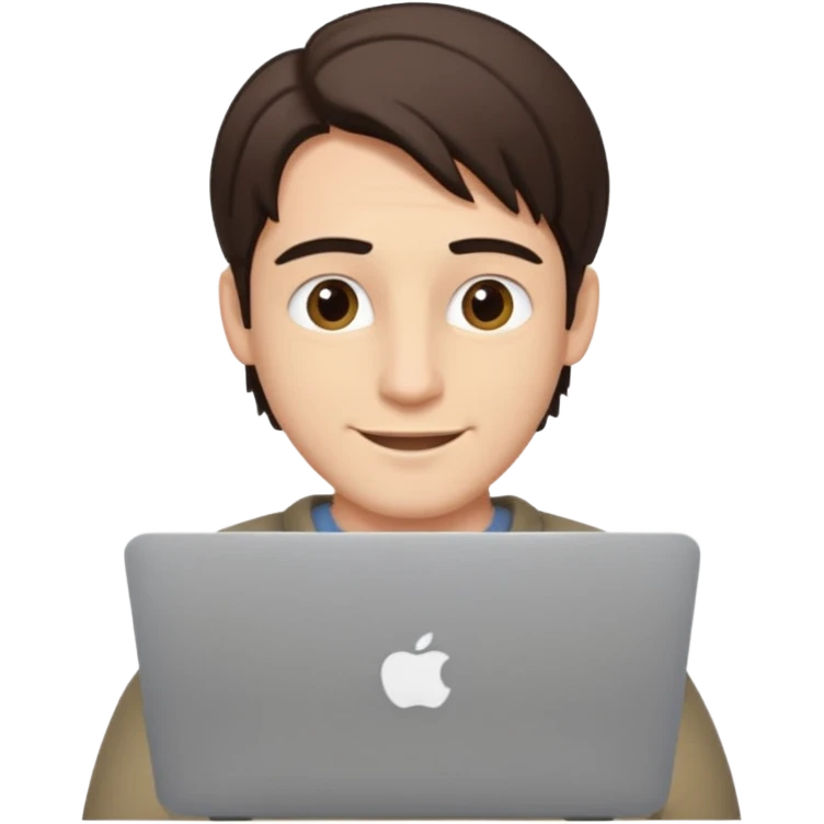 A man in his mid 20s, middle part average dude with slightly droopy eyes, happy, using a MacBook, hero for an iOS developers website emoji