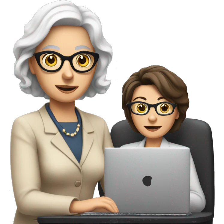Brunette with glasses coaching old woman on computer emoji