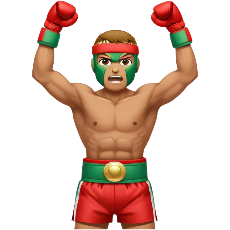 Triumphant boxer with oversized head, arms raised in victory pose. Wearing four colorful championship belts (red, green, two gold) around waist. Determined facial expression. White hand wraps. Muscular simplified body. emoji