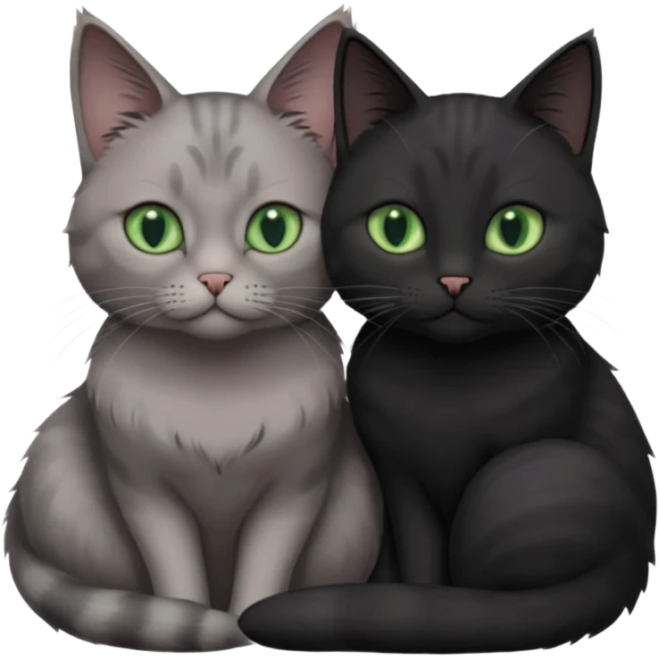 1 regal looking grey cat with pastal green eyes and 1 black with green eyes cat cuddling emoji