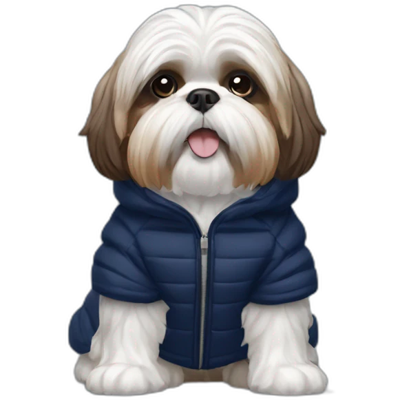 White and brown Shih tzu in navy blue puffer coat emoji