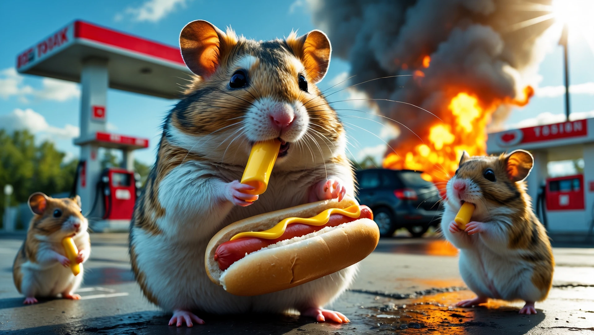 Cinematic still of A portrait of a fat hamster eating hotdog on gas station, gas station is in fire, other hamster fun away, sunny day, back light explosion , gas station named "Tosiek" (Realistic) emoji