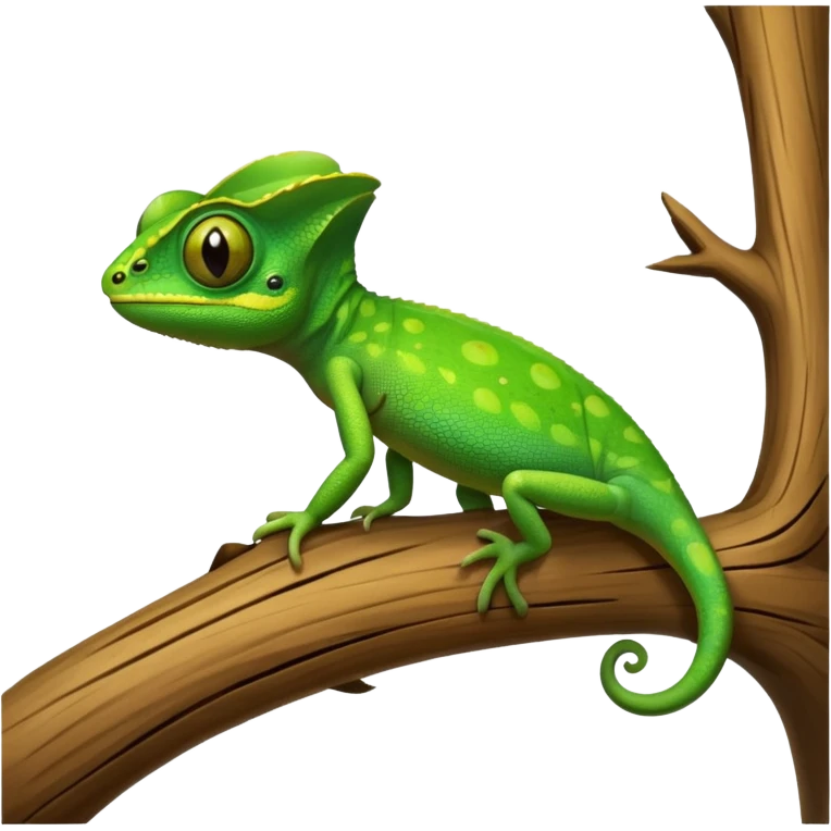 A small green chameleon, with large, expressive eyes, perched on a branch. emoji