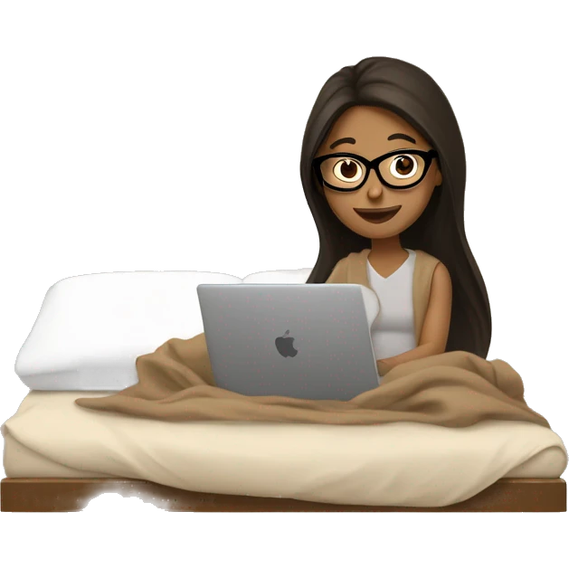 Brunette girl with black glasses working from her bed with her laptop covered in a light Brown blanket  emoji