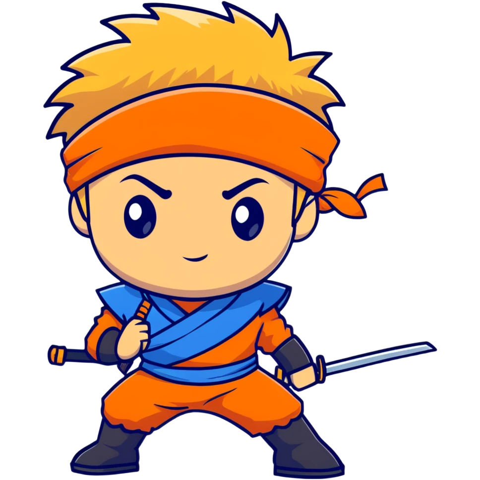 A blonde ninja boy with spiky hair, whisker marks on cheeks, orange outfit, and blue headband with metal plate emoji