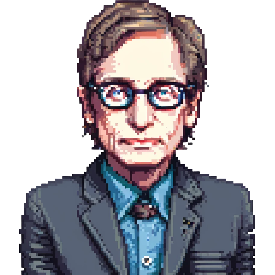 pixel art portrait of Stephen Hawking focusing on his face, glasses, and iconic hairstyle, simplified pixel art details emoji
