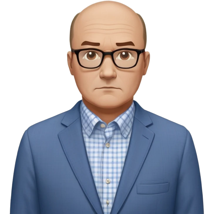 Larger 50-year-old man with extremely wide square face and big square jawline. Balding with hair on top but very little on sides. Large dark square-framed glasses. Serious expression. Wearing a light gray blazer that accommodates his bigger build, white button-up shirt with blue checkered pattern. emoji