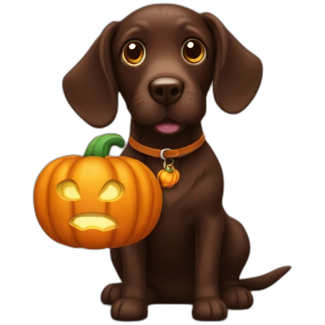 A chocolate doodle dog with a jack on lantern on its head emoji