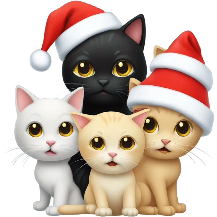 One black cat, 2 blonde cats all wearing Santa hats emoji