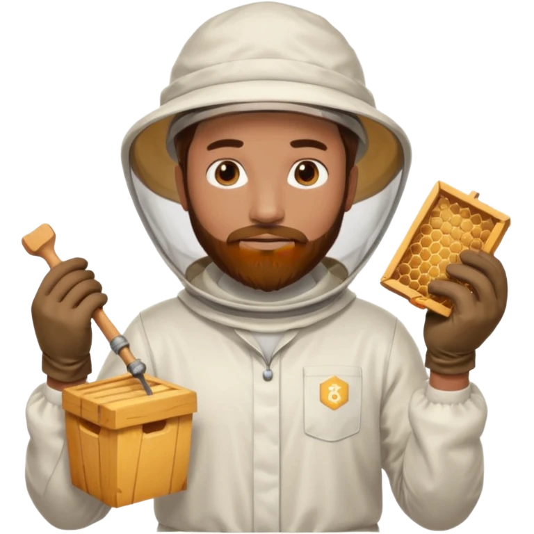 male bee keeper with brown hair and beard, white outfit,  emoji