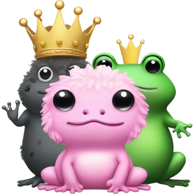 Fluffy pink frog stuffed animal with crown sits next to green fluffy twin. Behind them sits a fluffy dark gray seal with black spots.  emoji