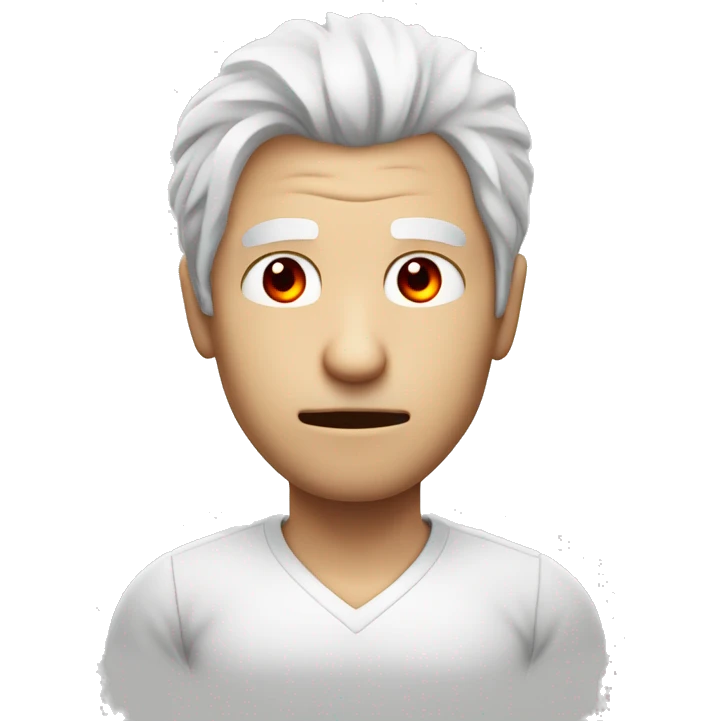 white hair medium long male, aggressive sharp face, holding red heart  emoji