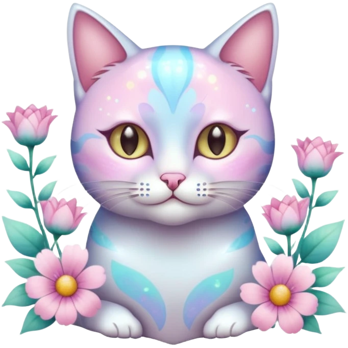 Pastel colorful shiny ethereal elegant pretty beautiful realistic glossy glittery cat with flowers and pastel colors aesthetic emoji