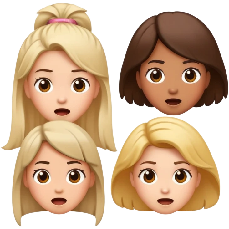 Surprised expression with exclamation mark, then three girl emojis in different hairstyles emoji