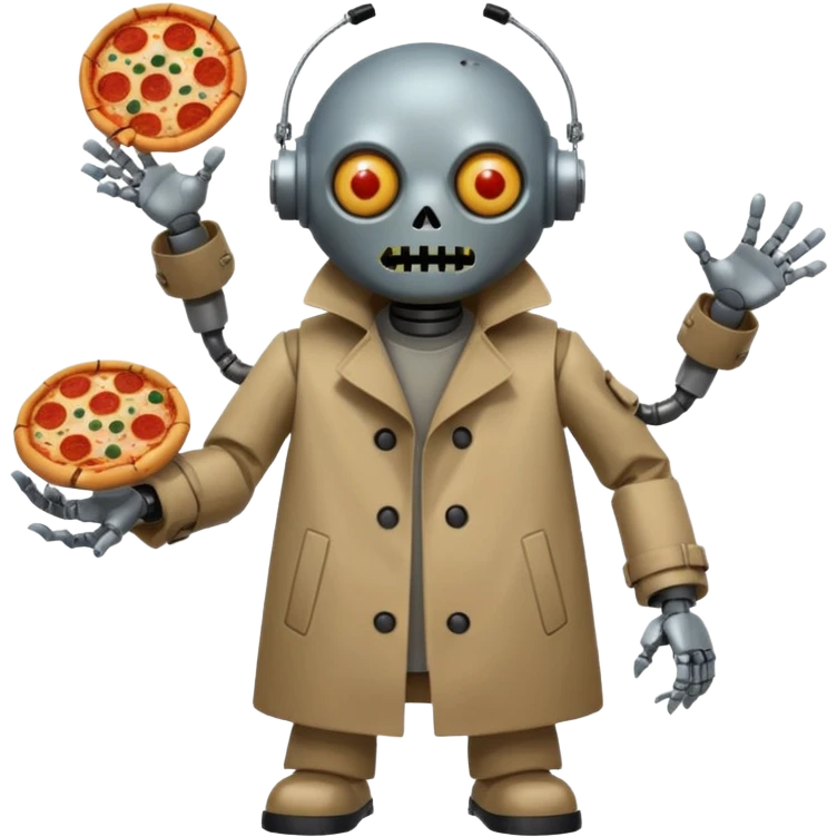 a glitch abomination with hands for a head, a baskeball stomach, pizza eyes, eyepatch, and zombie wounds, wearing trench coat, and robot crowd emoji