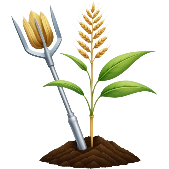 An icon featuring a wheat stalk, a spade, and a soil sample, symbolizing agronomy. The design includes a plant growing, and scientific tools, representing the study of crops, soil, and agricultural practices. Transparent background highlights sustainable farming and agricultural science. emoji