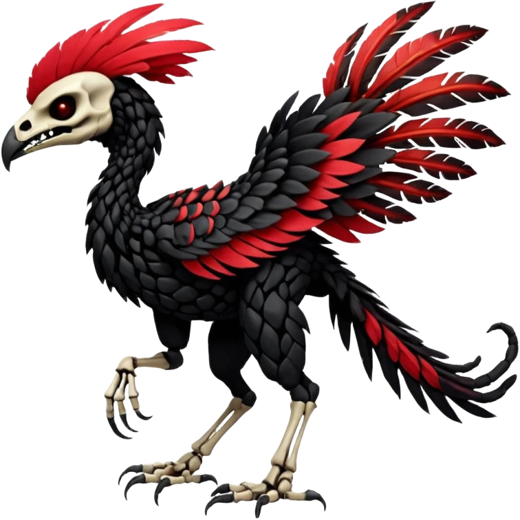 Rare realistic dark edgy tropical tribal patterned red-feathered skeletal badass epic handsome gorgeous aesthetic colorful vibrant black-skulled Vernid-Trico-species-Fakemon-creature by LiLaiRa, 4 legs, 1 tail, random markings, (full body) emoji