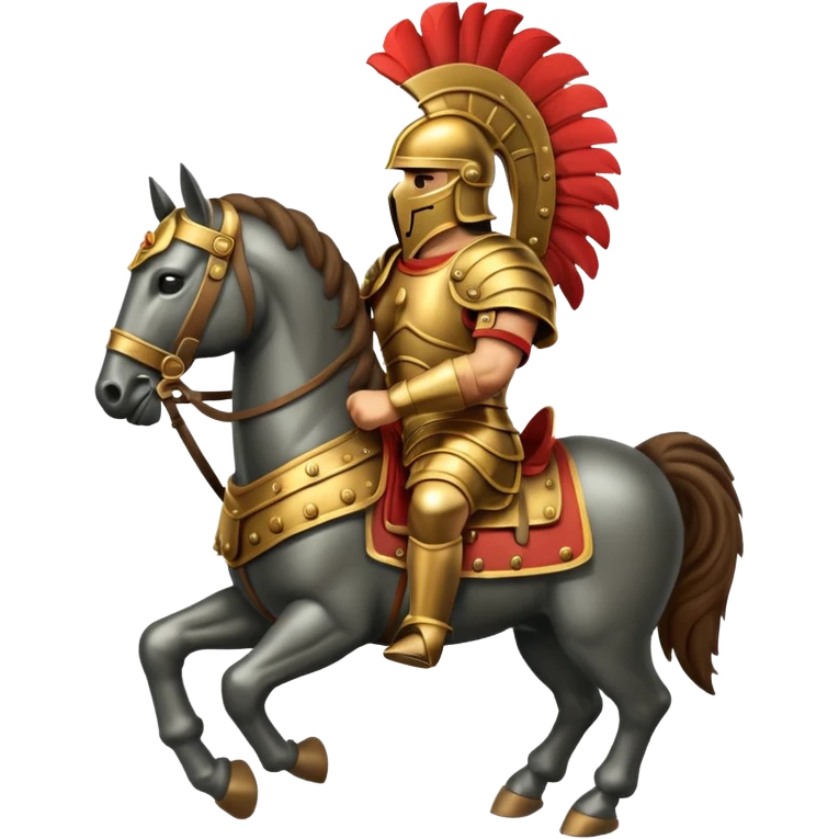 An emoji of a powerful Roman warhorse in full armor, with a feathered helmet. emoji