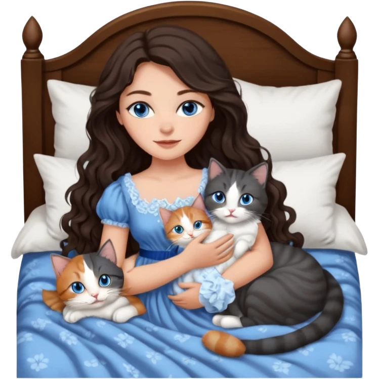 detailed realistic looking a dark grey and white cat regally laying with six other cats, cuddling with their owner in bed who is a pretty bratz lightly tanned white girl with long dark brown hair, blue eyes and gorgeous long wavy hair wearing a pretty detailed dress emoji