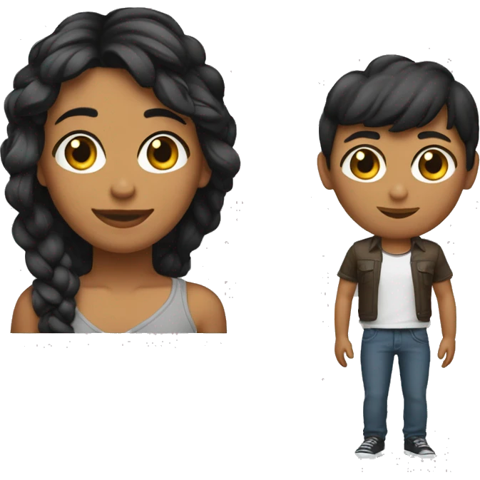 Una chica con pelo negro corto y un chico con chompa ploma emoji