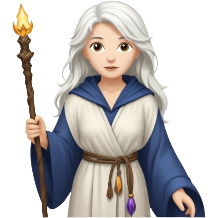 White Long Haired Women, Sorceress with staff — flowing white hair, calm face. emoji