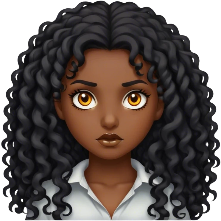 girl - dark skinned, long black curly hair, amber eyes,fierce expression emoji