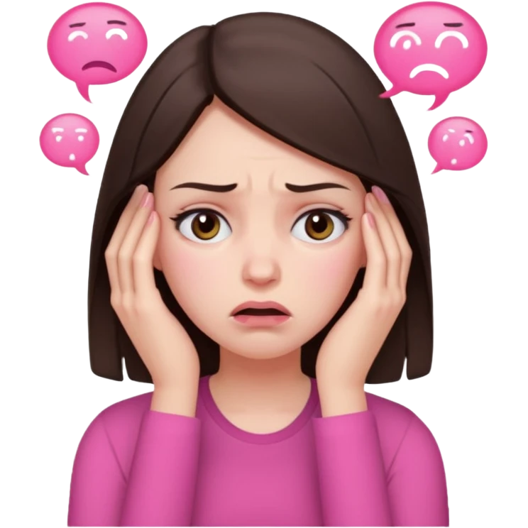a female brunette with stress and headache wearing pink emoji