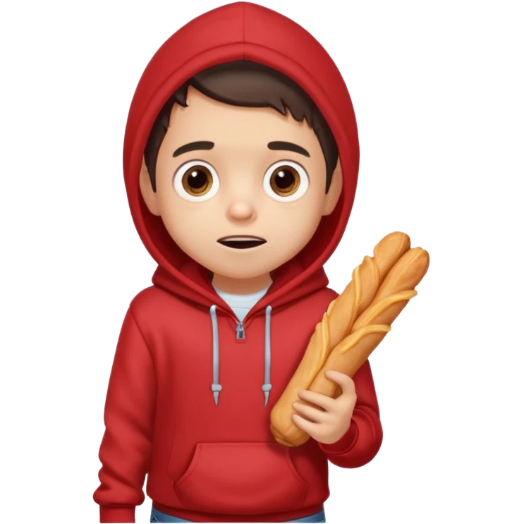 ute funny Spanish cartoon boy named Peque Tito, red hoodie, denim shorts, big expressive eyes, holding a churro, Pixar-style, viral character.” emoji