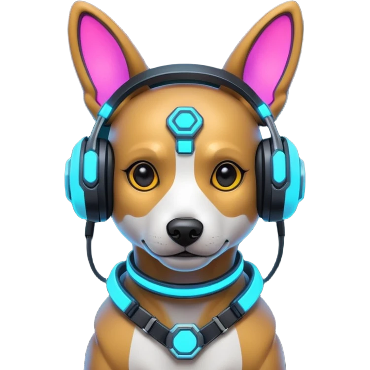 cute cyberpunk dog, futuristic headset, neon harness, glowing cyber implants, street punk vibe, 3D cartoon, mobile game icon style, clean background, no text, no watermark
 emoji