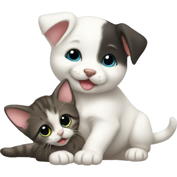 kitten having a baby on its back being held by a puppy with a mouse on the floor emoji