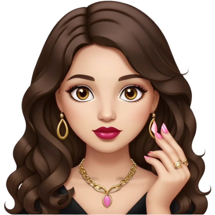 Light skinned girl, long wavy dark natural brown hair center-part with face framing pieces, big hazel eyes, small gold necklace, prominent blush, big lips, fancy long acrylic nails done, holding lipstick. She is curvy emoji