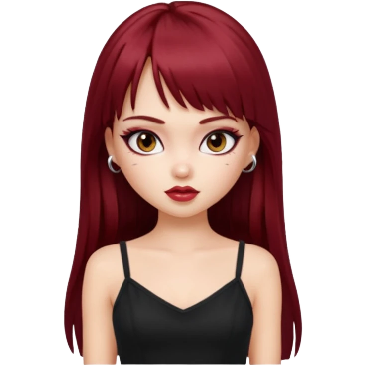 generate a pretty bratz girl in black cami top, dark red straight long hair with bangs, eyeliner on, 

 emoji