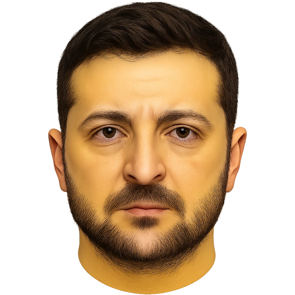 emoji-style portrait of Vladimir Zelensky with a yellow round face, very recognizable and detailed facial features, realistic eyes, hair, and beard, high quality emoji
