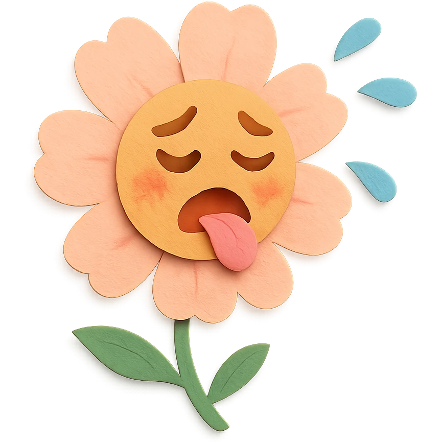 soft peach cosmos flower with a flushed, panting face doing exercise, sweat flying off in exaggerated style, gentle pastel palette, paper-craft style emoji