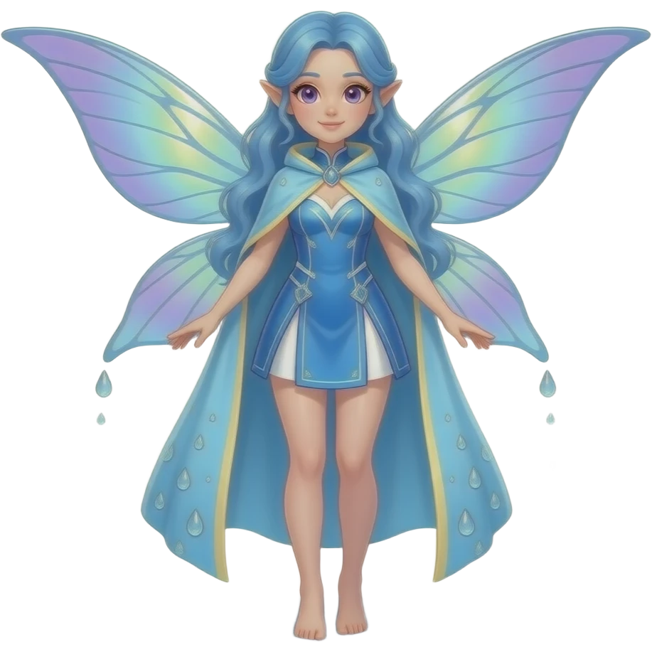 A female water fairy with a full body, blue hair violet eyes and wearing a blue outfit with white and cream yellow accents. emoji