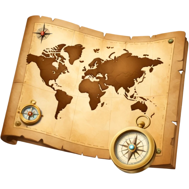 3D Brown golden map with Travel compass pointing to adventure emoji