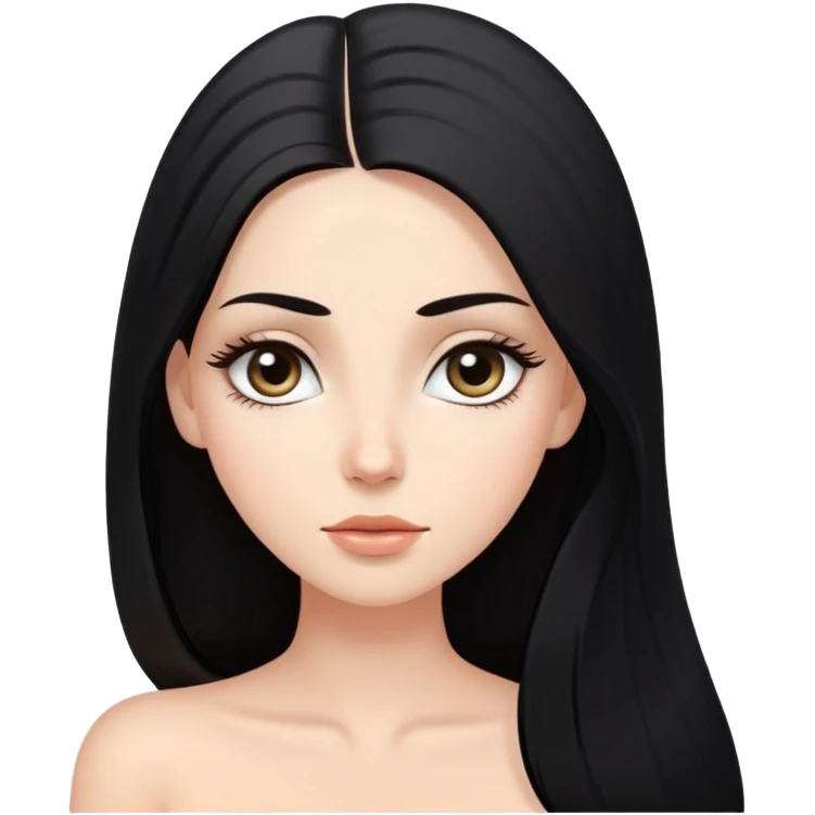 White girl with long oval shaped face, large almond shaped eyes with long eyelashes, long straight black hair falling in front of her bare shoulders, face closeup emoji