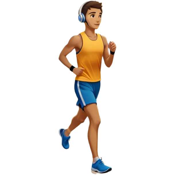 A runner wearing sports headphones jogs along a scenic waterfront promenade. The path is lined with trees, and the calm water reflects the golden hues of sunrise. In the background, a city skyline and distant mountains create a picturesque view. Transparent background enhances the motion. emoji