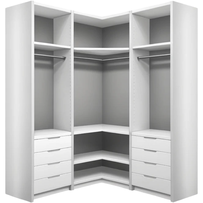 Glossy white PVC corner closet with L-shaped design, fitted into a sharp room corner. Clean, simple shelves and smooth panels with subtle shadows to show depth. Minimalist look with modern vibes, no handles or textures, emoji-style with bright highlights and soft gray edges to define structure. emoji