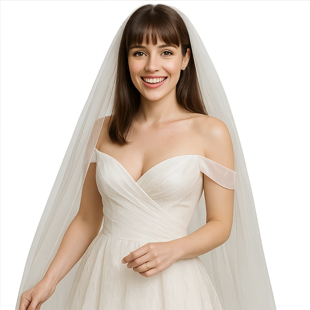 bride with light skin, hazel eyes, brunette straight hair with bangs, in a wedding dress, elegant and joyful emoji