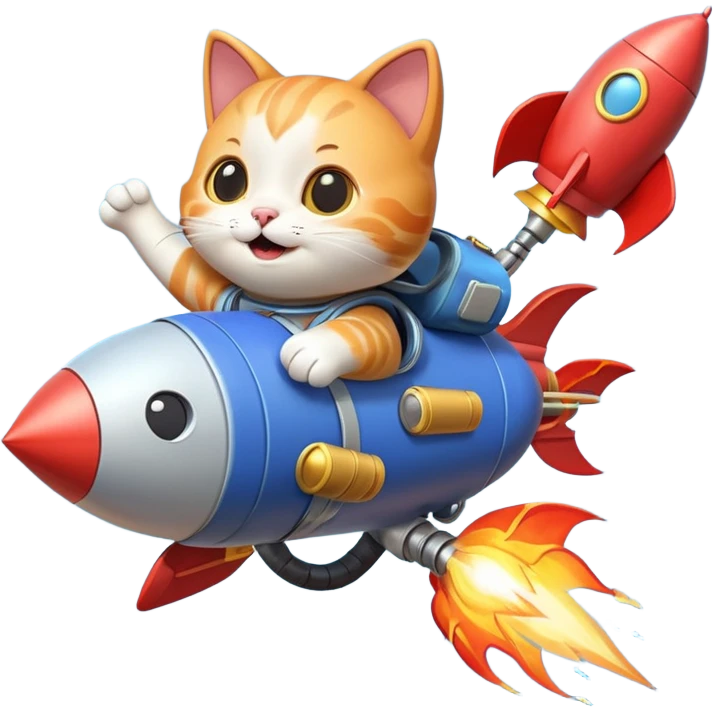 cute cat flying with a rocket pack on its back, rocket flames, happy face, 3D cartoon, mobile game icon style, clean background, no text, no watermark
 emoji