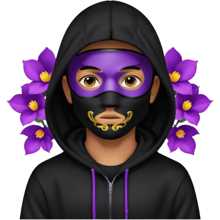 no visible face non human cartoon character related to a shadow, with all black clothes, focusing a black hoodie, and a versace face mask covering his entire face, just his purple shadow eyes making a light bloom emoji