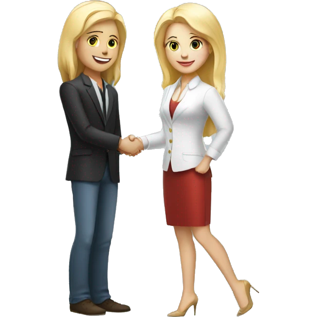 restaurant owner with white skin and blogger with white skin and blonde hair shaking hands in full height emoji