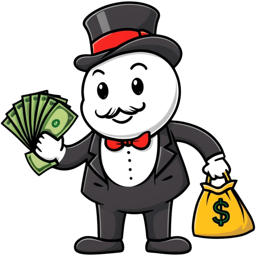 Rich Uncle Pennybags with money bag, monopoly mascot emoji