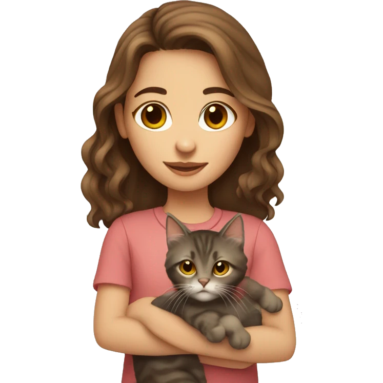 Girl with brown hair holding maincoon cat emoji