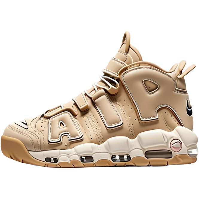 Minimalist beige Nike Air More Uptempo sneakers with one sneaker positioned behind the other, clean simple design with AIR lettering emoji