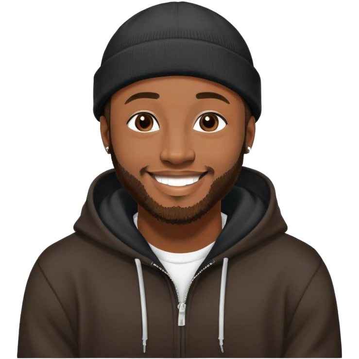 African yound man in his late 20s with a beanie and a bright smile with a short boxed beard, and a low cut hair, looking like davido the musician black hoody emoji